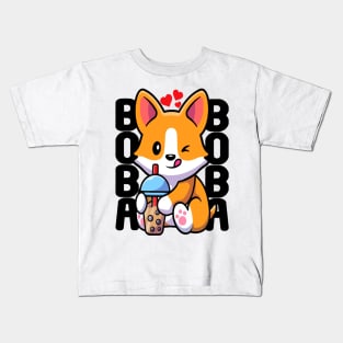 Cute Corgi Drink Milk Tea Boba Kids T-Shirt